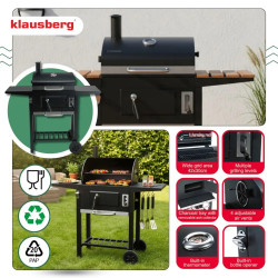 Барбекю на дървени въглища Klausberg KB 9034, Комин, Регулируема вентилация, Чекмедже за пепел, Термометър, Колелца, Стомана, Черен