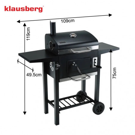 Барбекю на дървени въглища Klausberg KB 9034, Комин, Регулируема вентилация, Чекмедже за пепел, Термометър, Колелца, Стомана, Черен