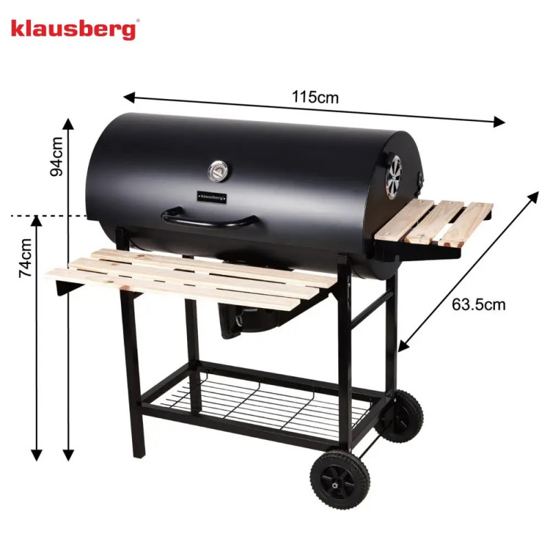 Барбекю на дървени въглища Klausberg KB 9033, Заключващ се капак, Термометър, Странични поставки, Чекмедже за пепел, Колелца, Стомана, Черен