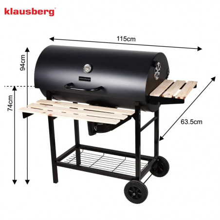 Барбекю на дървени въглища Klausberg KB 9033, Заключващ се капак, Термометър, Странични поставки, Чекмедже за пепел, Колелца, Стомана, Черен