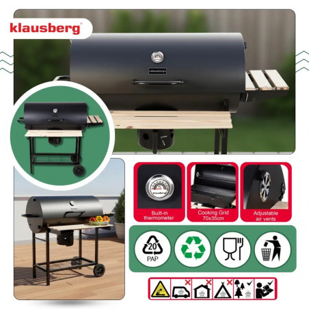 Барбекю на дървени въглища Klausberg KB 9033, Заключващ се капак, Термометър, Странични поставки, Чекмедже за пепел, Колелца, Стомана, Черен