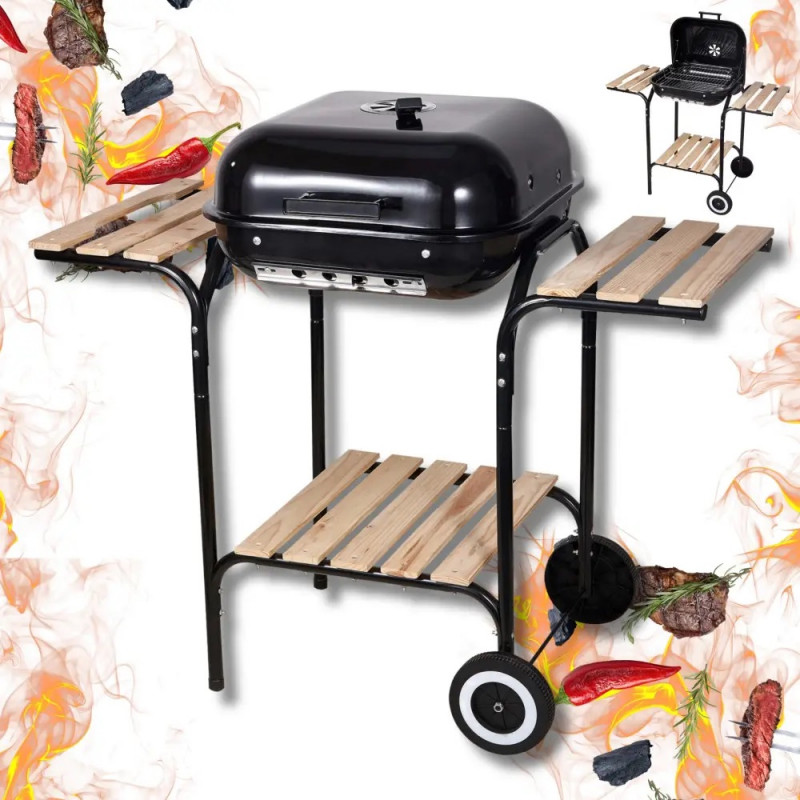 Барбекю на дървени въглища Kinghoff KH 2034, Вентилационна система, Дървени рафтове, Колелца, Стомана, Черен
