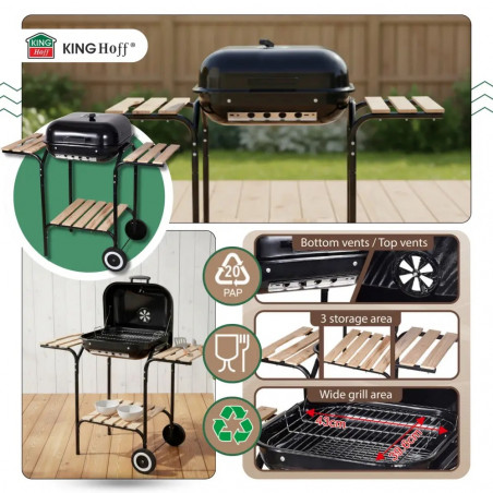 Барбекю на дървени въглища Kinghoff KH 2034, Вентилационна система, Дървени рафтове, Колелца, Стомана, Черен