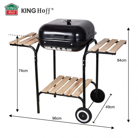 Барбекю на дървени въглища Kinghoff KH 2034, Вентилационна система, Дървени рафтове, Колелца, Стомана, Черен