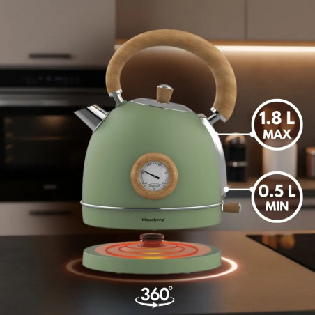 Електрическа кана-чайник Klausberg KB 9008, 2200W, 1.8 л, 360° основа, Индикатор ниво вода, Термометър, Зелен