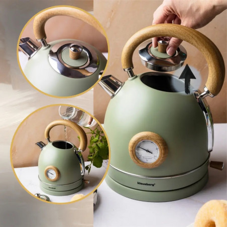 Електрическа кана-чайник Klausberg KB 9008, 2200W, 1.8 л, 360° основа, Индикатор ниво вода, Термометър, Зелен