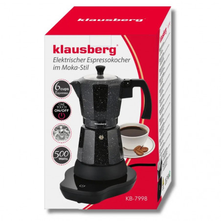 Електрическа кубинска кафеварка Klausberg KB 7998, 500W, 6 чаши, Вграден нагревател, Предпазен клапан, Черен мрамор