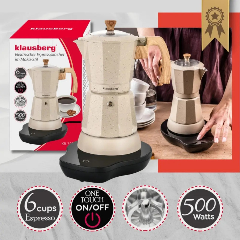 Електрическа кубинска кафеварка Klausberg KB 7999, 500W, 6 чаши, Вграден нагревател, Предпазен клапан, Бежов мрамор
