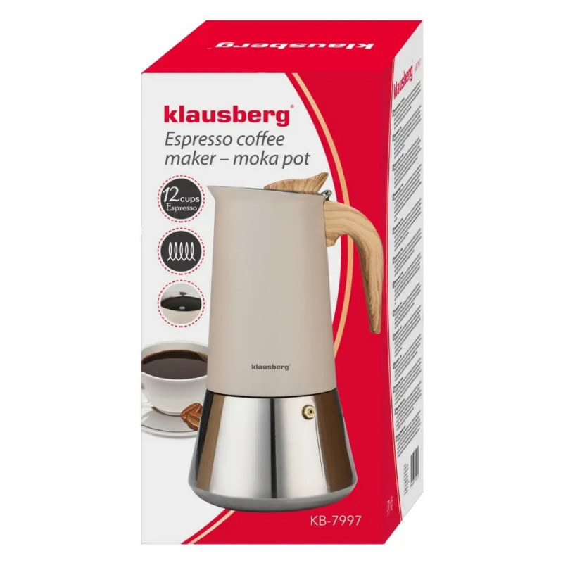 Електрическа кубинска кафеварка за еспресо Klausberg KB 7997, 600 мл, 12 чаши, Предпазен клапан, Стомана, Индукция, Бежов