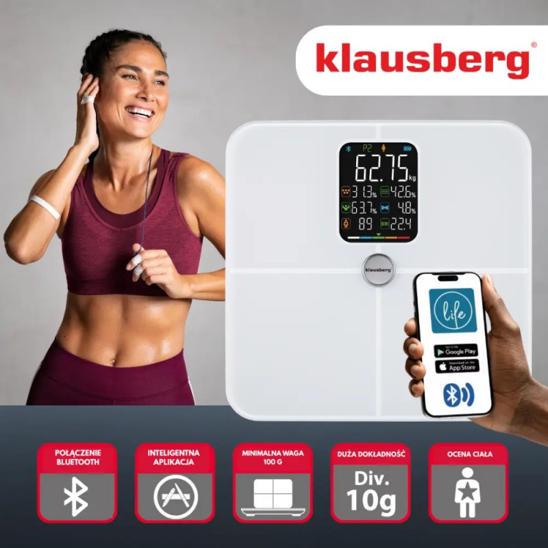 Кантар-анализатор Klausberg KB 7941, До 180 кг, BIA, Bluetooth, LCD, Закалено стъкло, Smart, Бял