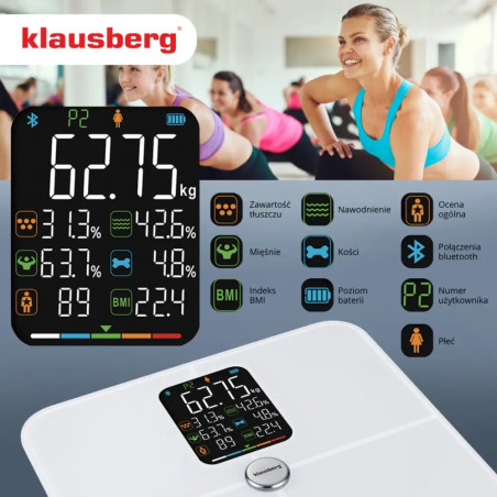 Кантар-анализатор Klausberg KB 7941, До 180 кг, BIA, Bluetooth, LCD, Закалено стъкло, Smart, Бял