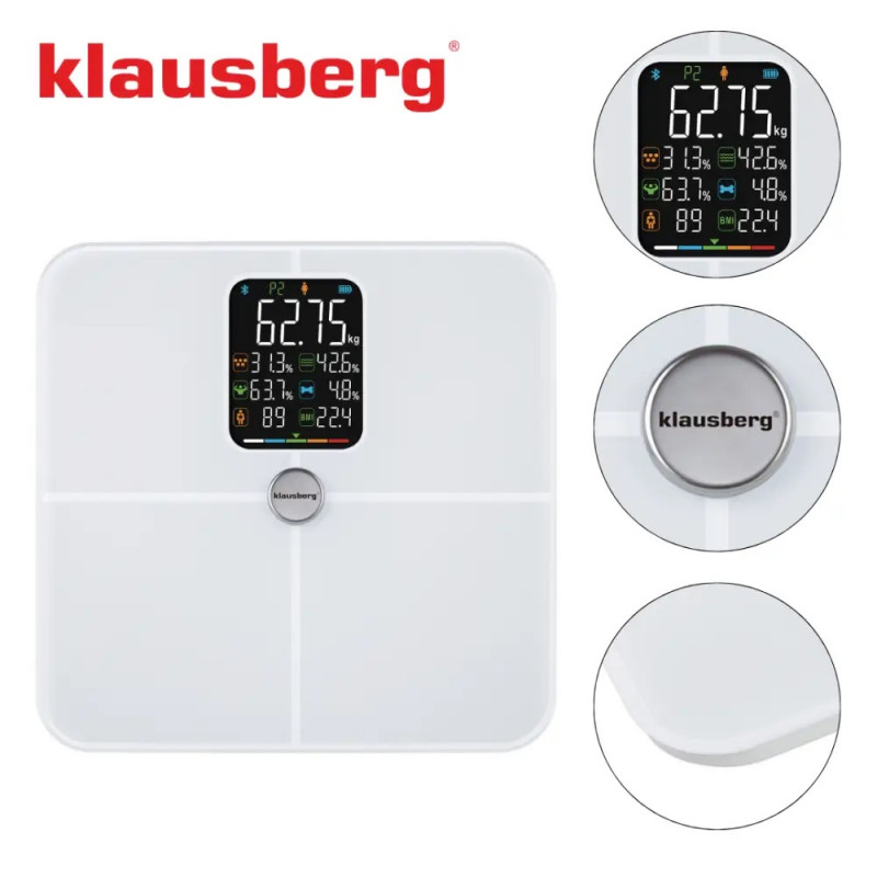 Кантар-анализатор Klausberg KB 7941, До 180 кг, BIA, Bluetooth, LCD, Закалено стъкло, Smart, Бял