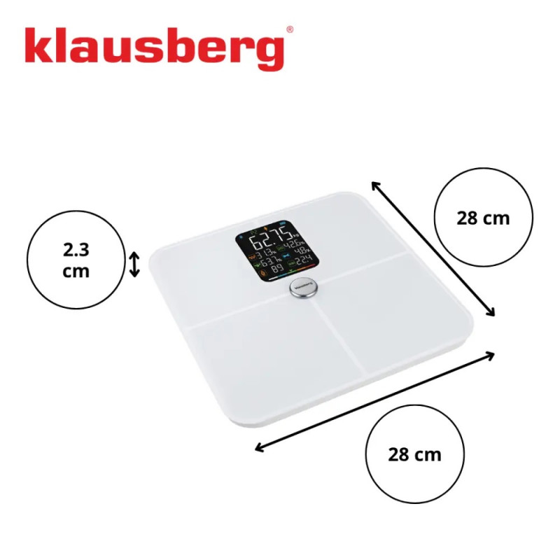 Кантар-анализатор Klausberg KB 7941, До 180 кг, BIA, Bluetooth, LCD, Закалено стъкло, Smart, Бял