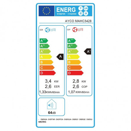 Мобилен климатик Ayco MAHC3428, 12000 BTU, Клас A, До 24 м2, 450 м3, 64 dB, Сензорно управление, Бял