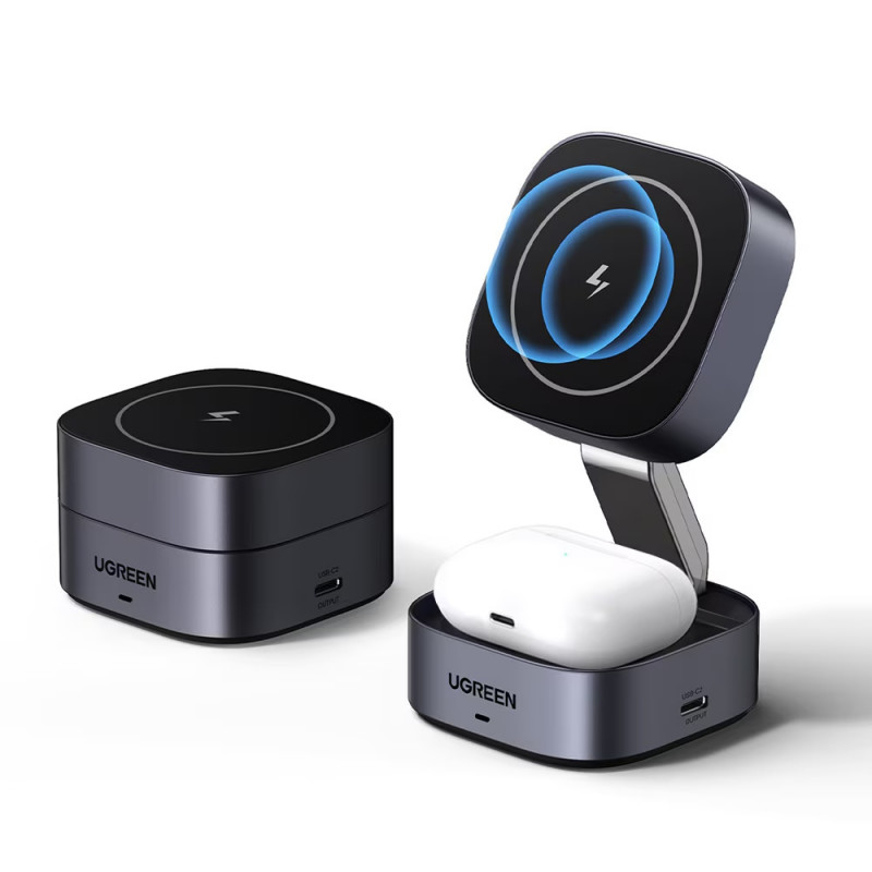 Индукционно безжично зарядно 3в1 UGREEN W526, Макс мощност 25W, MagSafe, 7.5W/iOs, USB-C, Черен