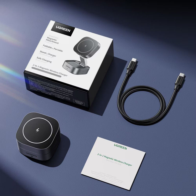 Индукционно безжично зарядно 3в1 UGREEN W526, Макс мощност 25W, MagSafe, 7.5W/iOs, USB-C, Черен