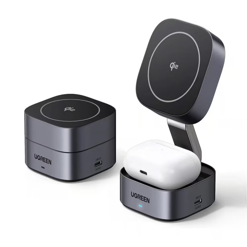 Индукционно безжично зарядно 3в1 UGREEN W702, Макс мощност 20W, MagSafe, 15W/iOs, USB-C, Черен