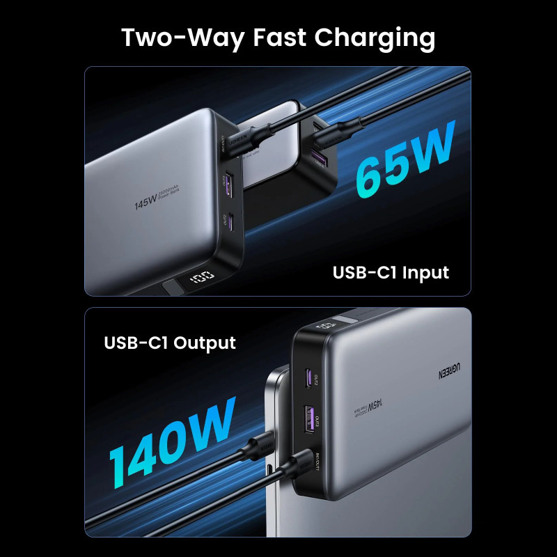 Преносима батерия UGREEN PB205, 25000mAh, PD 3.1 145W, LED дигитален екран, Подходящ за пътуване в самолет, USB-C, Сив