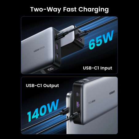 Преносима батерия UGREEN PB205, 25000mAh, PD 3.1 145W, LED дигитален екран, Подходящ за пътуване в самолет, USB-C, Сив
