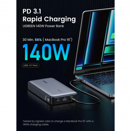 Преносима батерия UGREEN PB205, 25000mAh, PD 3.1 145W, LED дигитален екран, Подходящ за пътуване в самолет, USB-C, Сив