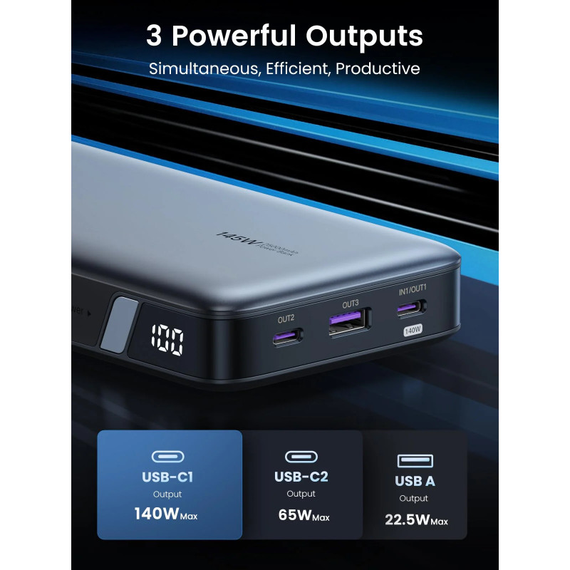 Преносима батерия UGREEN PB205, 25000mAh, PD 3.1 145W, LED дигитален екран, Подходящ за пътуване в самолет, USB-C, Сив