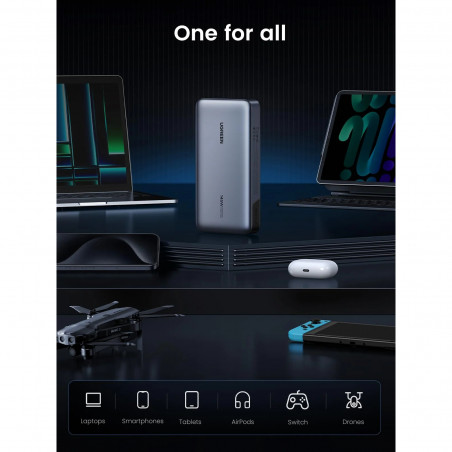 Преносима батерия UGREEN PB205, 25000mAh, PD 3.1 145W, LED дигитален екран, Подходящ за пътуване в самолет, USB-C, Сив