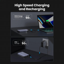 Преносима батерия UGREEN PB720, 20000mAh, PD 3.0 100W, LED дигитален екран, Подходящ за пътуване в самолет, USB-C, Сив
