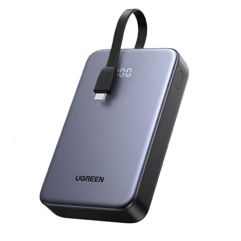 Преносима батерия UGREEN PB505, 20000mAh, PD 3.0 22.5W, Вграден кабел, Цифров LED индикатор, Подходящ за пътуване в самолет, Сив
