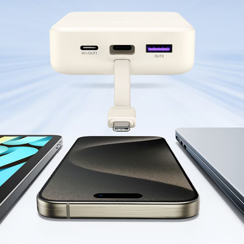 Преносима батерия UGREEN PB505, 20000mAh, PD 3.0 22.5W, Вграден кабел, Цифров LED индикатор, Подходящ за пътуване в самолет, Сив