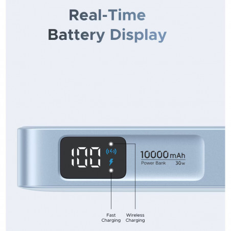 Преносима батерия UGREEN PB773, 10000mAh, PD 30W, Qi2 25W, Magflow, Цифров LED дисплей, Вграден кабел, USB-C, Син