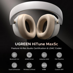 Безжични слушалки UGREEN HiTune ANC Max5c HP203, До 75 часа, Spatial Audio, Hi-Res, Хибридна шумоизолация ANC, Сгъваеми, Бял
