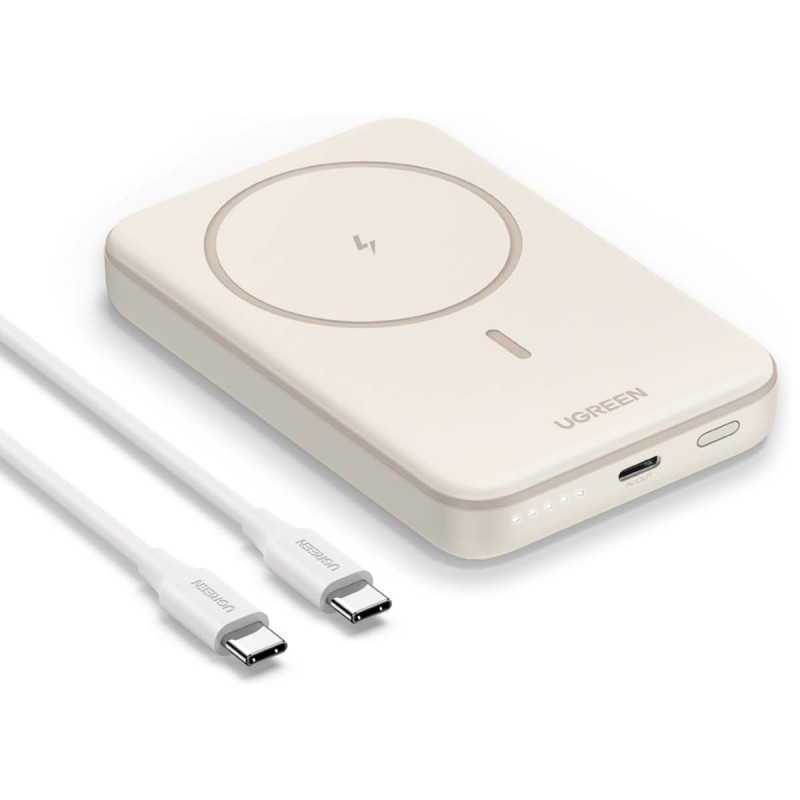 Преносима батерия UGREEN PB561, 10000 mAh, PD 3.0 20W, Qi 15W, Магнитно безжично зареждане, LED светлини, USB-C, Бял