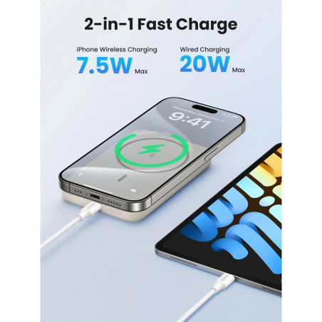 Преносима батерия UGREEN PB561, 10000 mAh, PD 3.0 20W, Qi 15W, Магнитно безжично зареждане, LED светлини, USB-C, Бял