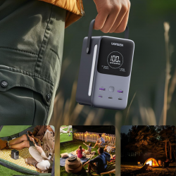 Преносима батерия UGREEN PB770, 48 000 mAh, 300W, LiFePO4, USB-C/A, LED светлина с режими, Дръжка, Сив