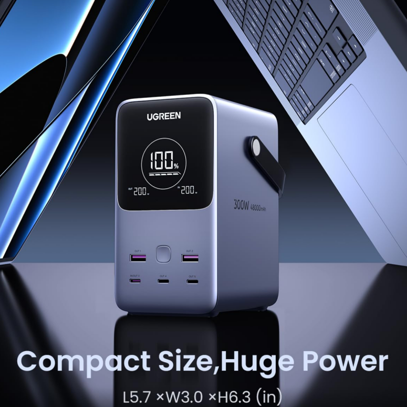 Преносима батерия UGREEN PB770, 48 000 mAh, 300W, LiFePO4, USB-C/A, LED светлина с режими, Дръжка, Сив