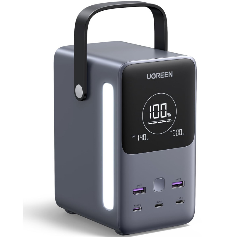 Преносима батерия UGREEN PB770, 48 000 mAh, 300W, LiFePO4, USB-C/A, LED светлина с режими, Дръжка, Сив