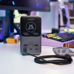 Преносима батерия UGREEN PB770, 48 000 mAh, 300W, LiFePO4, USB-C/A, LED светлина с режими, Дръжка, Сив