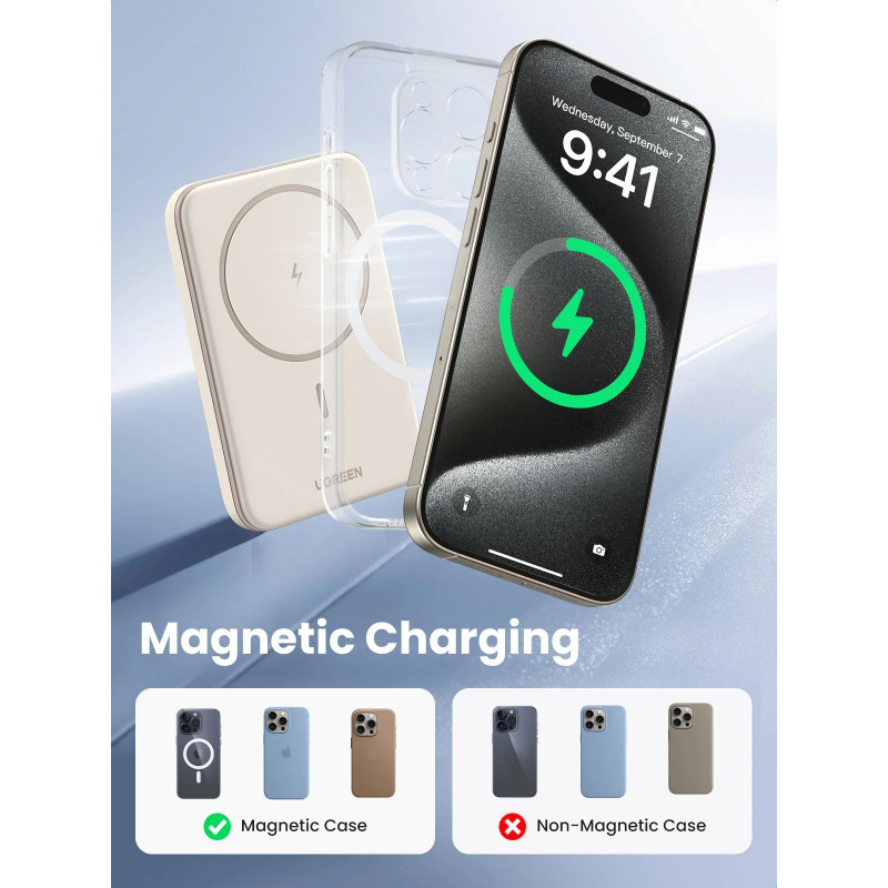 Преносима батерия UGREEN PB560, 5000mAh, PD 3.0 20W, Qi 7.5W, Магнитно безжично зареждане, LED светлини, USB-C, Бял