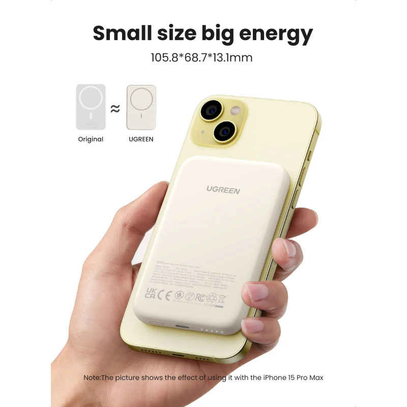 Преносима батерия UGREEN PB560, 5000mAh, PD 3.0 20W, Qi 7.5W, Магнитно безжично зареждане, LED светлини, USB-C, Бял