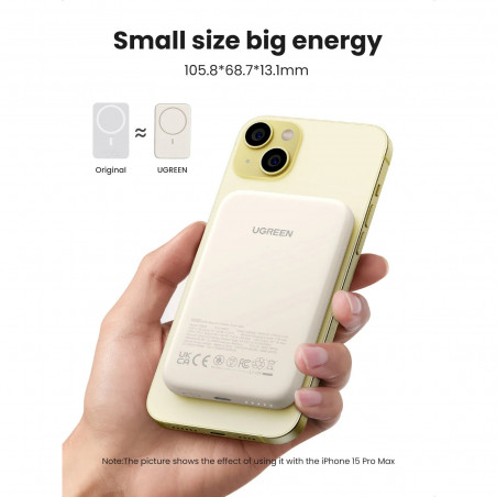 Преносима батерия UGREEN PB560, 5000mAh, PD 3.0 20W, Qi 7.5W, Магнитно безжично зареждане, LED светлини, USB-C, Бял