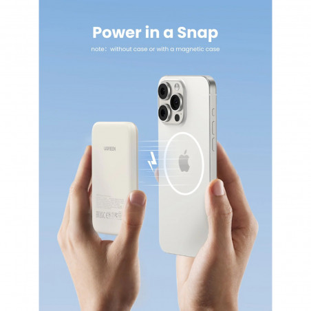 Преносима батерия UGREEN PB560, 5000mAh, PD 3.0 20W, Qi 7.5W, Магнитно безжично зареждане, LED светлини, USB-C, Бял