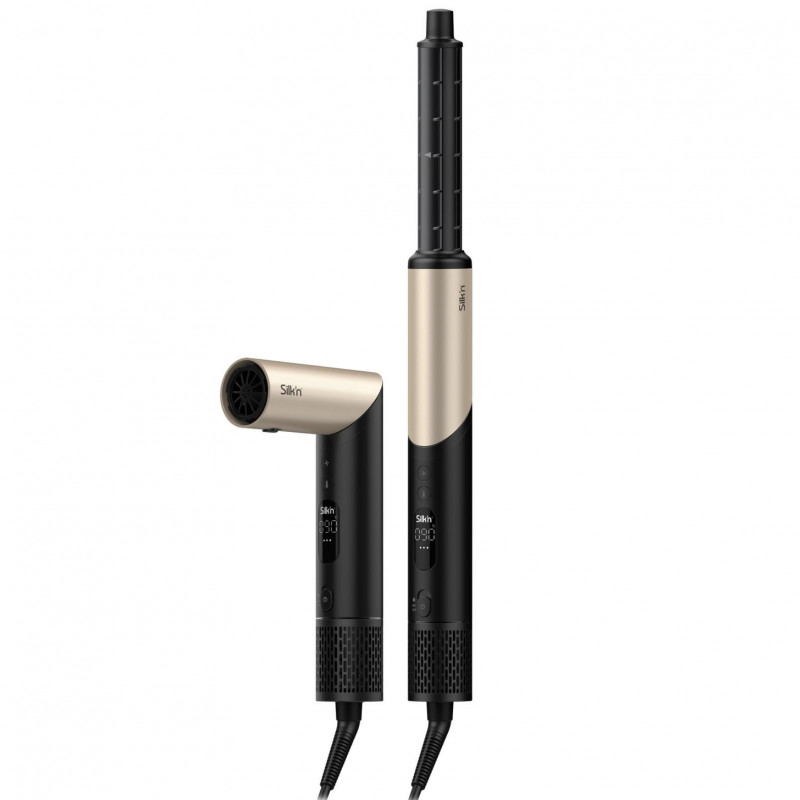Уред за стилизиране и сушене 8в1 Silk'n SilkyAir Flex SIF8PE1001, 1300W, Автоматично къдрене и контрол на темп, 39-90°C, 3 скорости, Самопочистване, Йонизация, Черен/златист