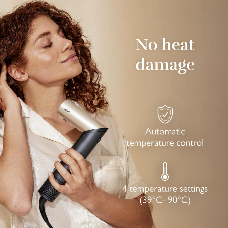 Уред за стилизиране и сушене 8в1 Silk'n SilkyAir Flex SIF8PE1001, 1300W, Автоматично къдрене и контрол на темп, 39-90°C, 3 скорости, Самопочистване, Йонизация, Черен/златист