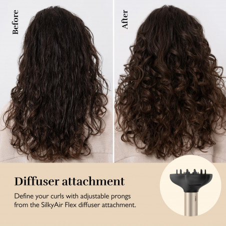 Уред за стилизиране и сушене 8в1 Silk'n SilkyAir Flex SIF8PE1001, 1300W, Автоматично къдрене и контрол на темп, 39-90°C, 3 скорости, Самопочистване, Йонизация, Черен/златист