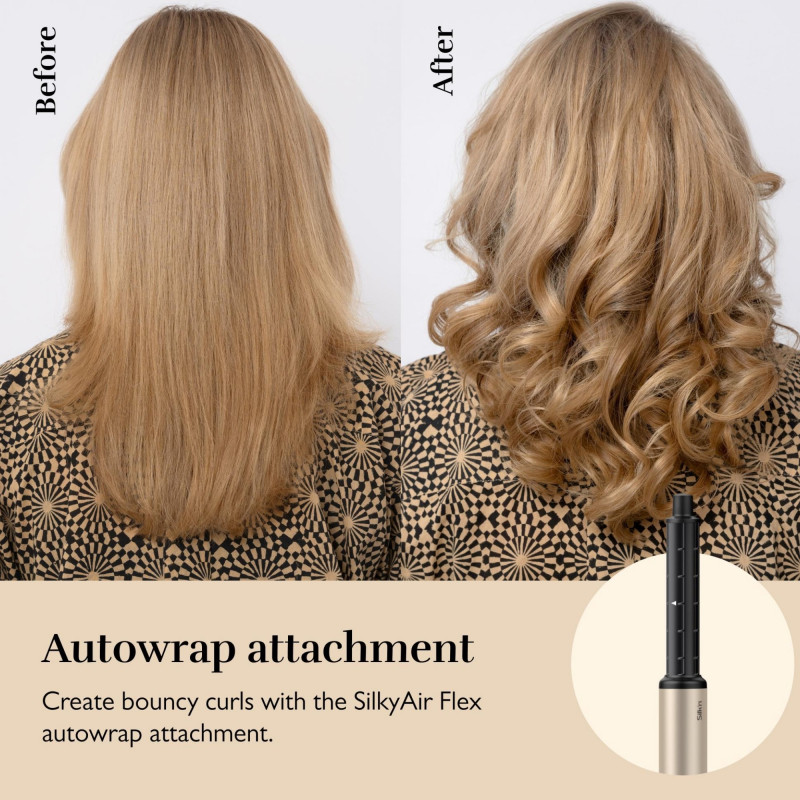 Уред за стилизиране и сушене 8в1 Silk'n SilkyAir Flex SIF8PE1001, 1300W, Автоматично къдрене и контрол на темп, 39-90°C, 3 скорости, Самопочистване, Йонизация, Черен/златист