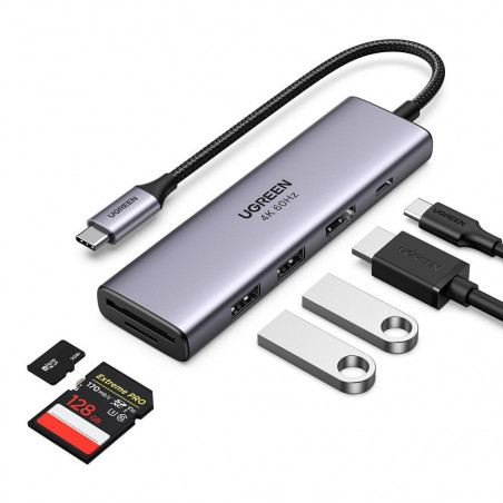 Докинг станция 6в1 UGREEN CM511, PD 100W, USB-C към 3x USB-A/1xHDMI/1xSD/1xMicroSD, До 4K@60fps, Сив