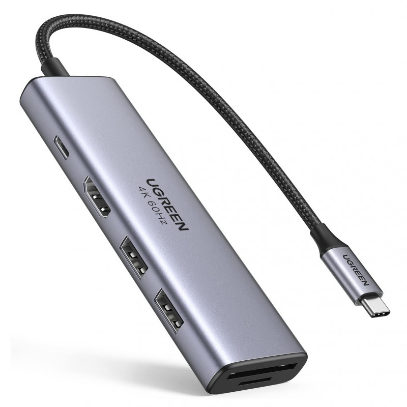 Докинг станция 6в1 UGREEN CM511, PD 100W, USB-C към 3x USB-A/1xHDMI/1xSD/1xMicroSD, До 4K@60fps, Сив