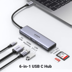 Докинг станция 6в1 UGREEN CM511, PD 100W, USB-C към 3x USB-A/1xHDMI/1xSD/1xMicroSD, До 4K@60fps, Сив