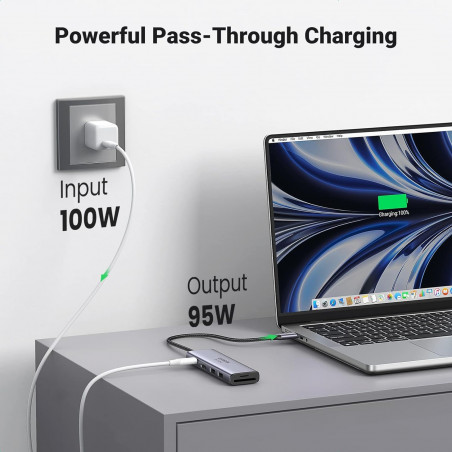 Докинг станция 6в1 UGREEN CM511, PD 100W, USB-C към 3x USB-A/1xHDMI/1xSD/1xMicroSD, До 4K@60fps, Сив