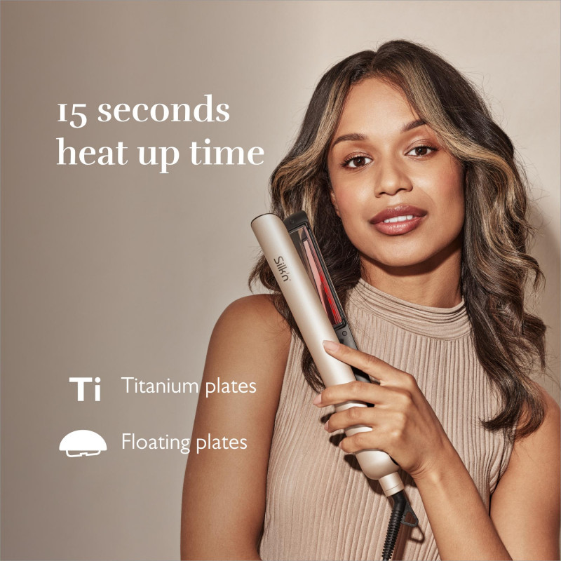 Преса за коса Silk'n SilkyStraight SIS1PE1001, 45W, 12 настройки на темп, LED дисплей, Титаниеви плочи, Инфрачервена технология, Йонизация, 120-230°C, Памет, Розово злато